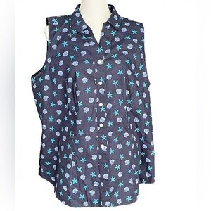 Talbots Top Button Up Sleeveless Plus Size 1X Navy Blue Starfish Shells NEW